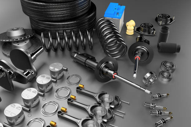 Auto parts spare parts car on the grey background. Set with many new items for shop or aftermarket. Auto parts for car. 3D rendering
